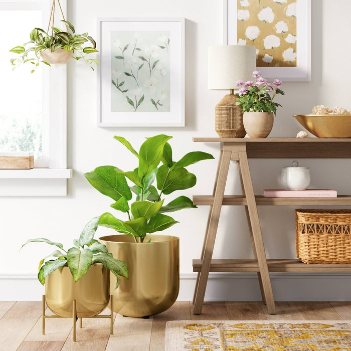 Brass Stand Planter - Threshold: Cylindrical Lacquered, No Assembly, Indoor Use, Leakproof, 11.87" Height