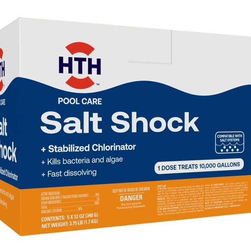 HTH 52047 Swimming Pool Care Salt Shock, Stabilized Chlorinator, 1 Dose Treats 10000 Gallons, 5X12oz Packets