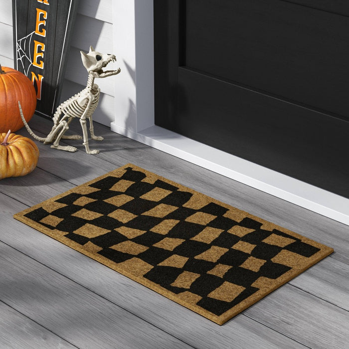 1'6"x2'6" Halloween Checkered Faux Coir Doormat Natural/Black - Hyde and EEK! Boutique (LOCAL PICKUP ONLY)