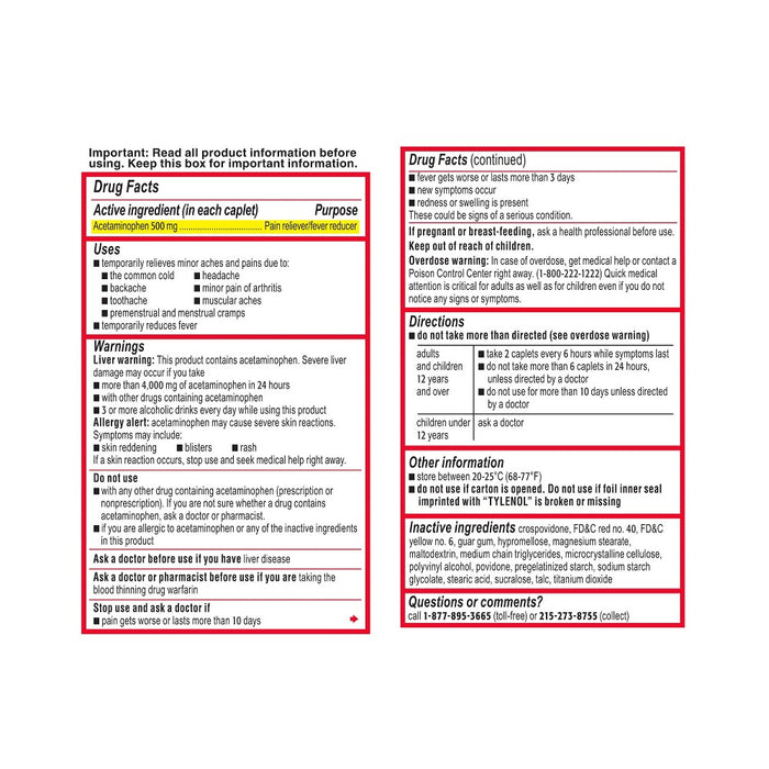 Tylenol Extra Strength Acetaminophen - Easy to Swallow Pain Reliever Caplets - 100 ct