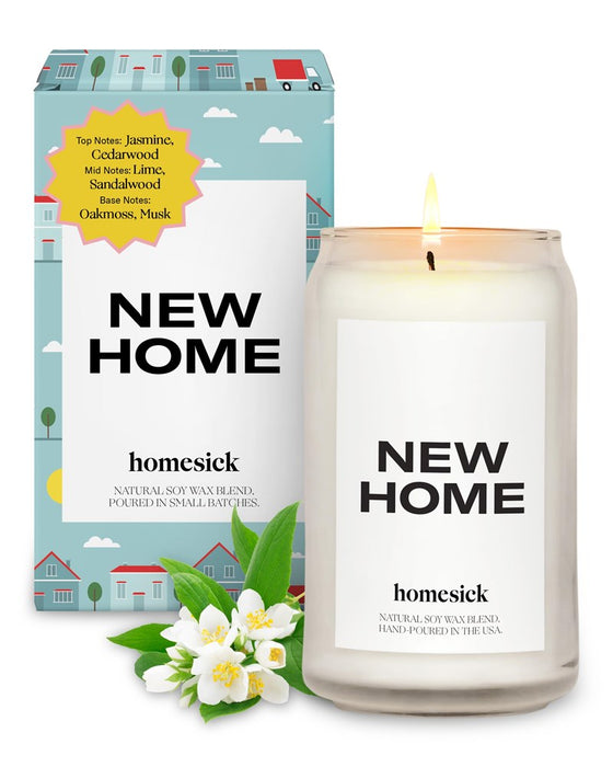 Homesick Scented Candles For Home (New Home) - 13.75 Oz Long-Lasting Soy Wax Blend Jar Candle For Housewarming, 60-80 Hours Burn Time - Notes Of Jasmine, Cedarwood, Lime, Sandalwood, Oakmoss & Musk