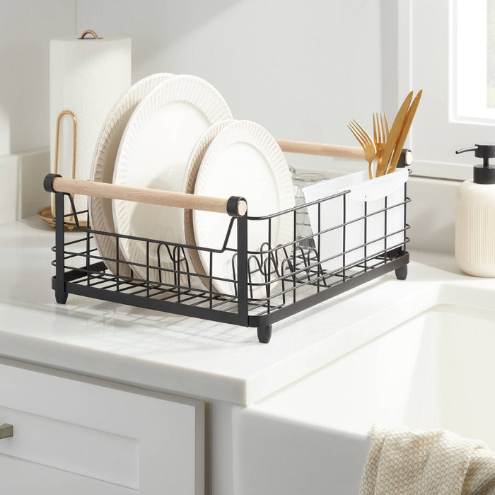 Metal Dish Rack with Powder Coated Finish and Rubber Wood Handles Black - Brightroom: Freestanding Dish Drying Rack