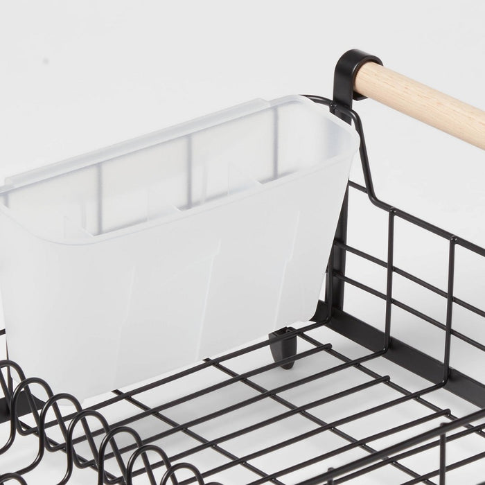 Metal Dish Rack with Powder Coated Finish and Rubber Wood Handles Black - Brightroom: Freestanding Dish Drying Rack
