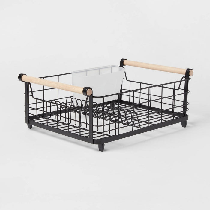 Metal Dish Rack with Powder Coated Finish and Rubber Wood Handles Black - Brightroom: Freestanding Dish Drying Rack