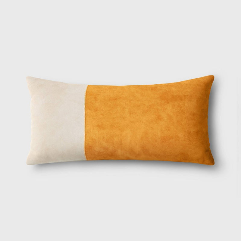 Oversized Colorblock Pieced Suede Lumbar Throw Pillow Gold/Neutral - Threshold: Modern Rectangular Design, Zippered (LOCAL PICKUP ONLY)