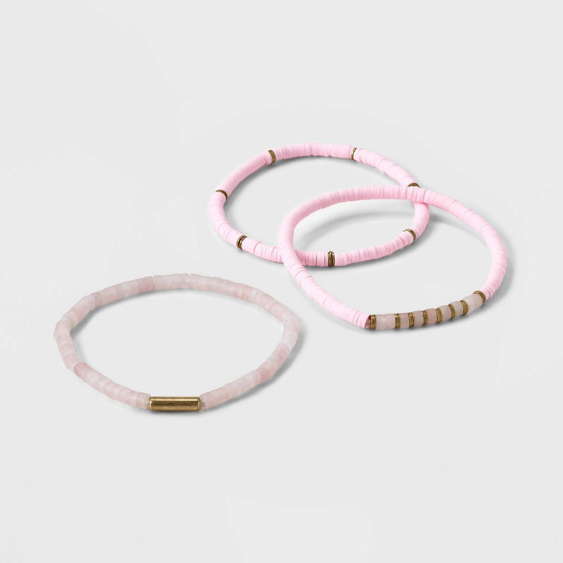 Semi-Precious Rose Quartz Heishi Multi-Strand Bracelet Set 3pc - Universal Thread Pink