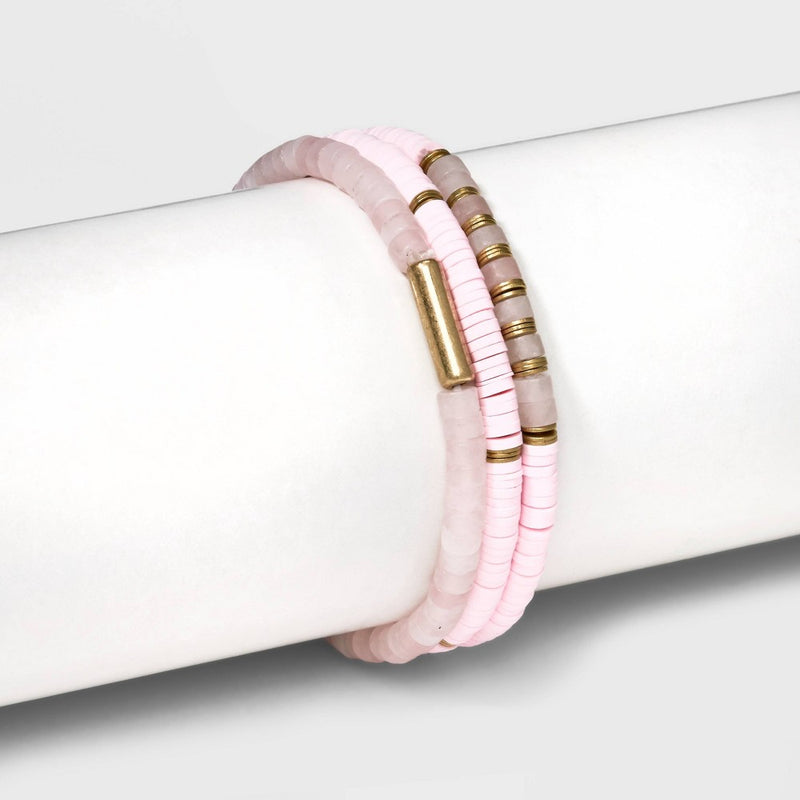 Semi-Precious Rose Quartz Heishi Multi-Strand Bracelet Set 3pc - Universal Thread Pink