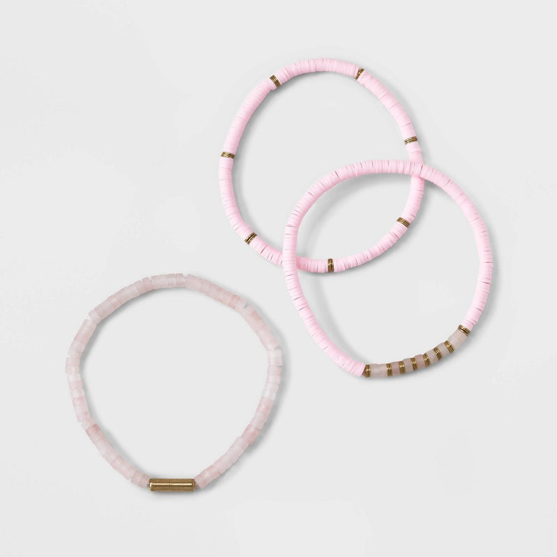Semi-Precious Rose Quartz Heishi Multi-Strand Bracelet Set 3pc - Universal Thread Pink