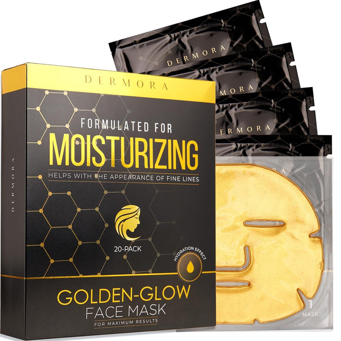 DERMORA Skin Treatment Mask Golden Glow Face Mask - 20 Pack Face Gel Masks - Rejuvenating Face Masks For Lines, Wrinkles, Tightening, Firming