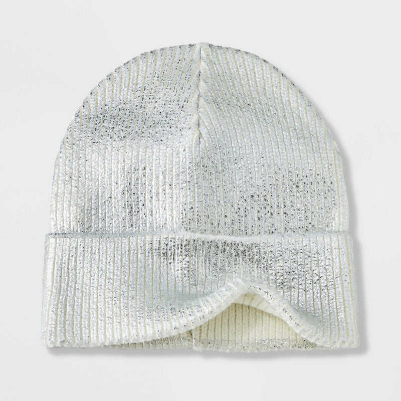 Girls' Knitted Cuffed Beanie Hat - art class Silver