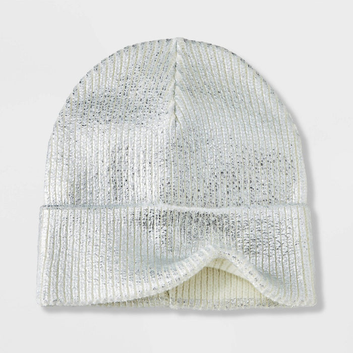 Girls' Knitted Cuffed Beanie Hat - art class Silver