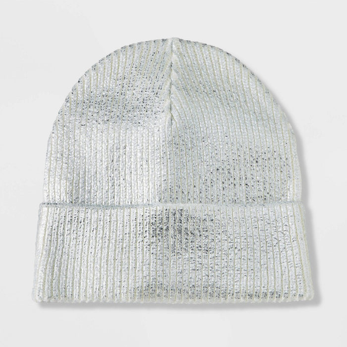 Girls' Knitted Cuffed Beanie Hat - art class Silver