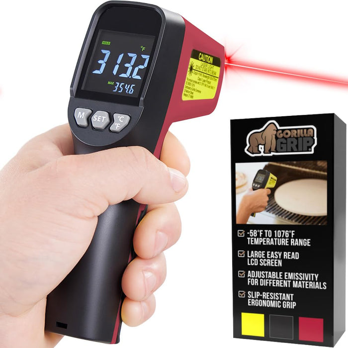 Gorilla Grip Infrared Thermometer Gun, Meat Grill Temperature Thermometers For Cooking Pizza Oven Griddle, -58°F To 1076°F, Digital Food Temp Reader, Instant Read Laser Adjustable Emissivity, Red