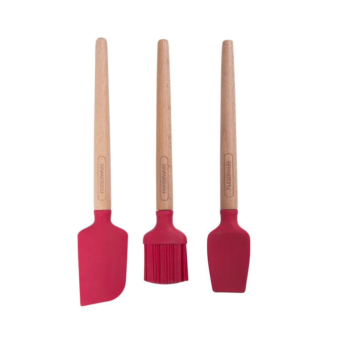 Farberware Wood Baking Set, Includes A Mini Basting Brush, Spoon Spatula, Perfect For Both Sweet And Savory Dishes, Set Of 3, Red