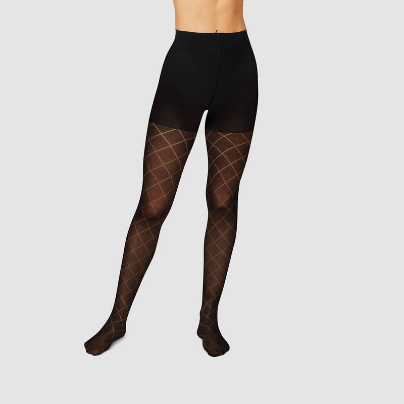 Hanes Women's High Waisted Diamond Outline Semi-Opaque Tights - Black S