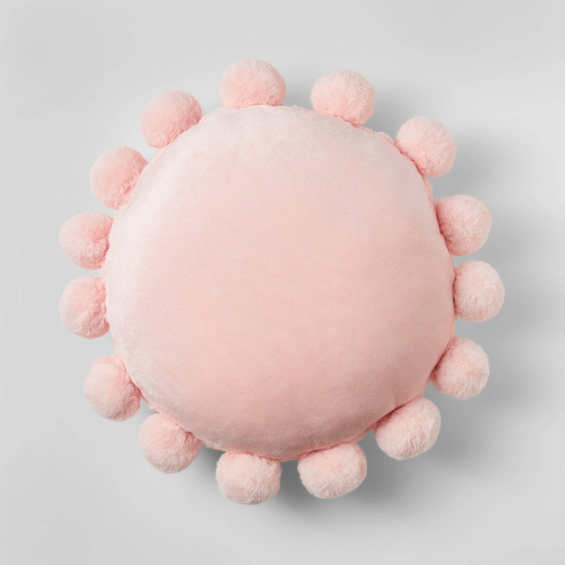 Round Plush Kids' Pillow with Pom-Poms Pink - Pillowfort: Sensory Friendly Decorative Throw Pillow, OEKO-TEX Certified