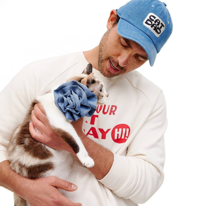 Dog and Cat Bow & Rosette Set - Squares/Blue Twill - The Cuddle Collab with Zelda, Titus & Brave