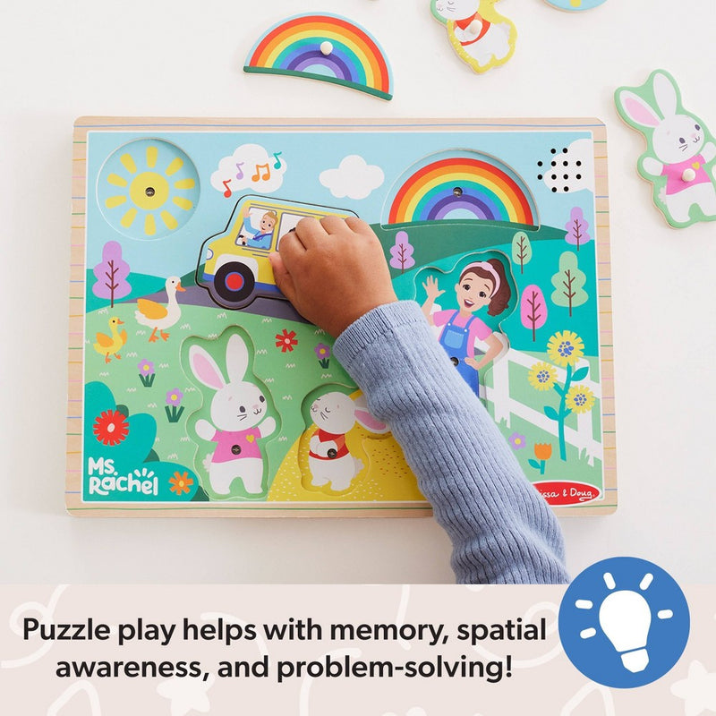 Melissa & Doug Ms. Rachel Wooden Song Peg Puzzle, 6-Piece Light-Activated Sound Puzzle with Full Songs