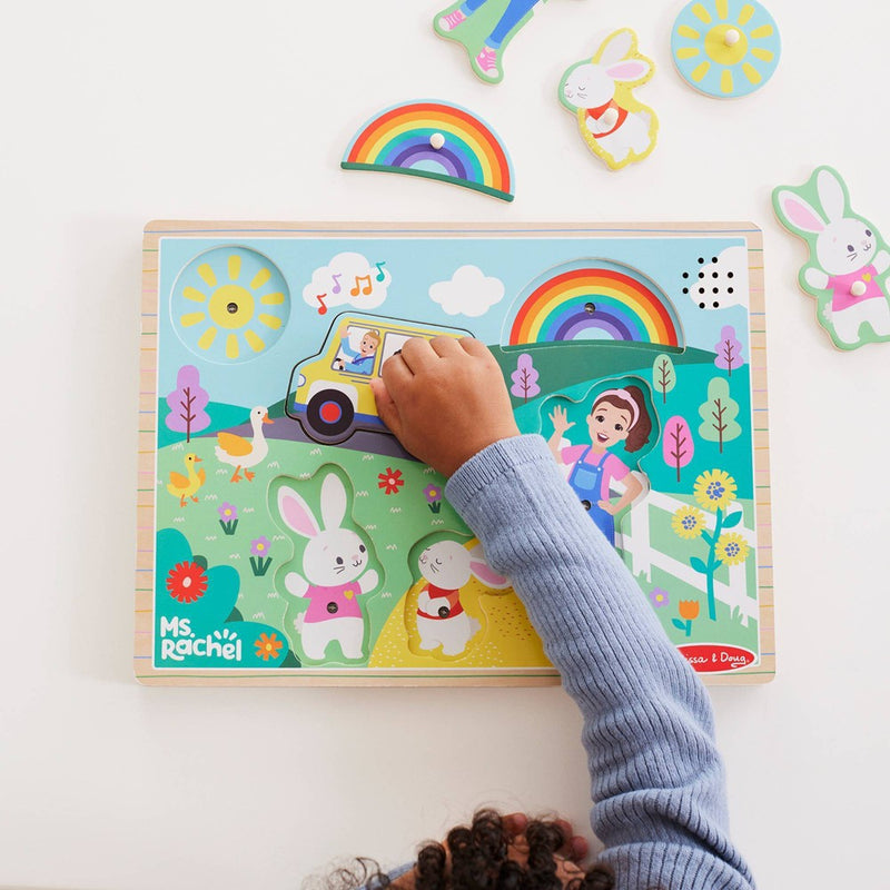 Melissa & Doug Ms. Rachel Wooden Song Peg Puzzle, 6-Piece Light-Activated Sound Puzzle with Full Songs