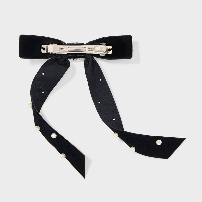Velvet Pearl Bow Hair Barrette - A New Day Black