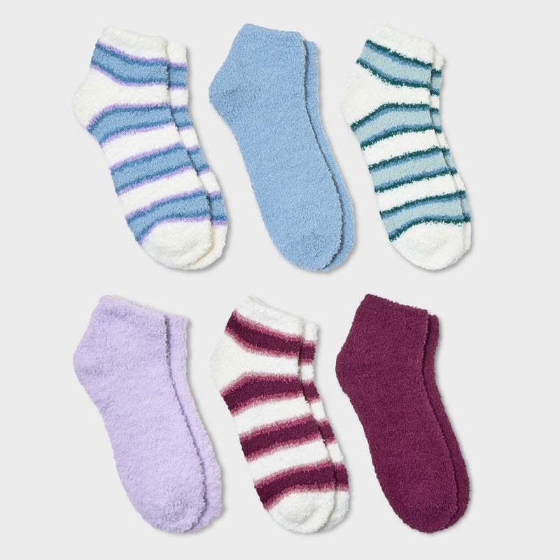 Women's Striped 6pk Cozy Low Cut Socks - Ivory/Blue/Burgundy 4-10