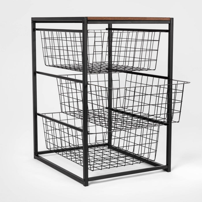 3 Drawer Organizer Black Metal with Walnut Wood - Brightroom (LOCAL PICKUP ONLY)