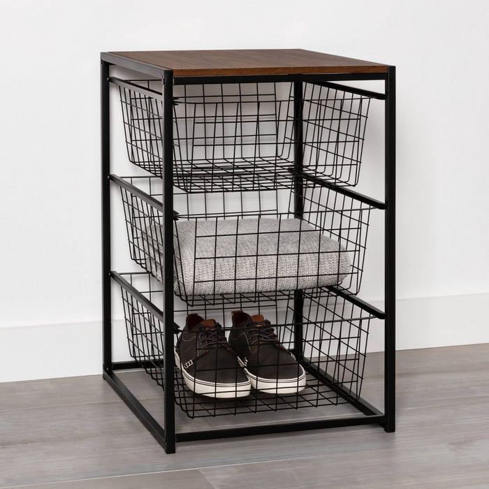 3 Drawer Organizer Black Metal with Walnut Wood - Brightroom (LOCAL PICKUP ONLY)