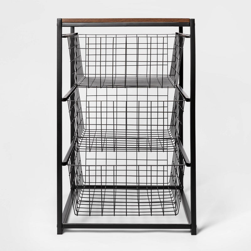 3 Drawer Organizer Black Metal with Walnut Wood - Brightroom (LOCAL PICKUP ONLY)