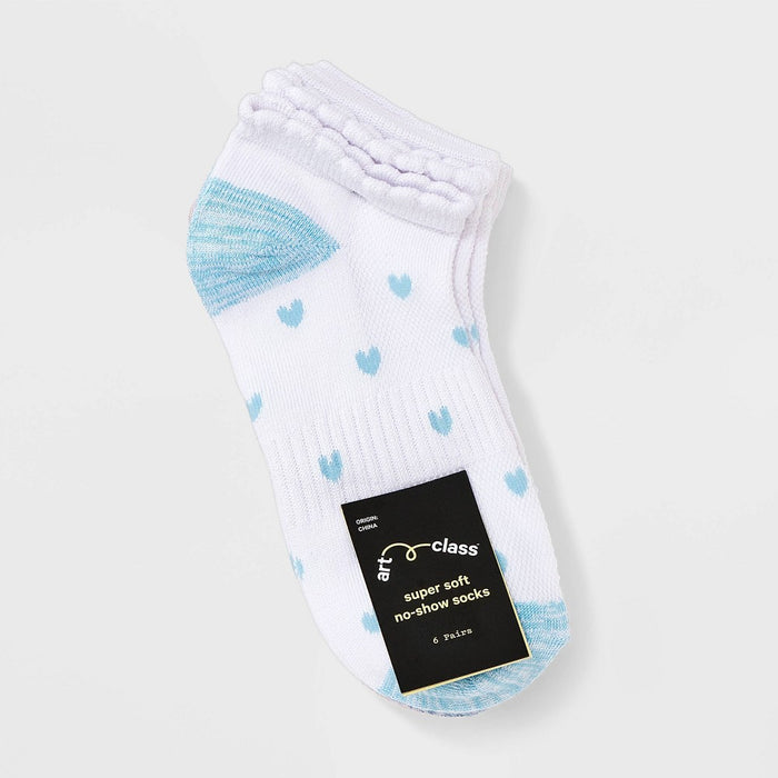 Girls' 6pk 'Heart' Super Soft No Show Socks - art class White M