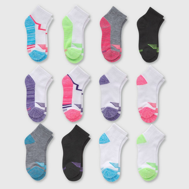 Hanes Girls' 12pk Ankle Athletic Socks - Colors May Vary S