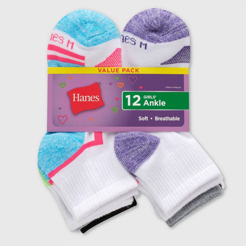 Hanes Girls' 12pk Ankle Athletic Socks - Colors May Vary S
