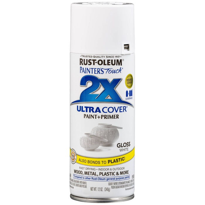 Rust-Oleum 12oz Painters Touch 2X Ultra Cover Spray Paint White: Glossy Enamel for Interior & Exterior Surfaces