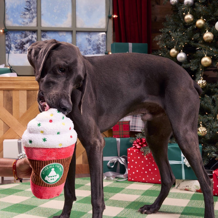 BARK Holiday Santa's Workchomp Jumbo Jingle Latte Dog Plush Toy