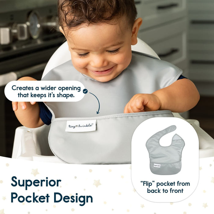 Tiny Twinkle Mess-Proof and Waterproof Baby Food Bib for Boys or Girls, Machine Washable and BPA-Free w/Adjustable Closure (5-Pack, Boy Solids)