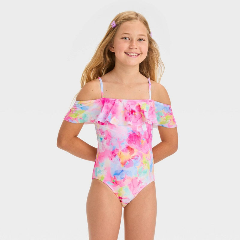 Girls' Floral One Piece Swimsuit-White/Pink S