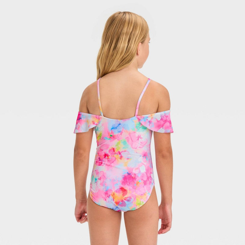 Girls' Floral One Piece Swimsuit-White/Pink S