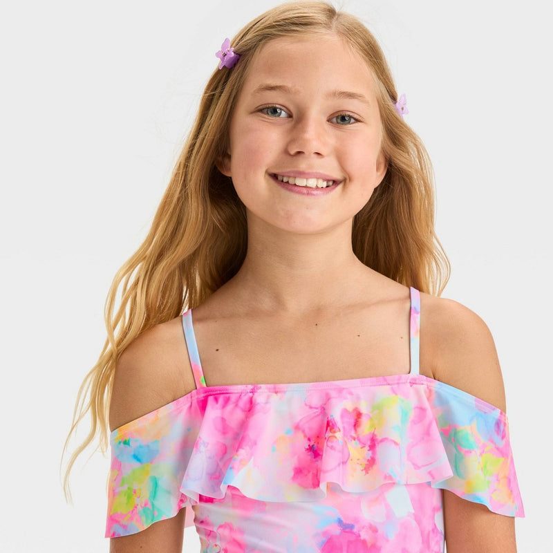 Girls' Floral One Piece Swimsuit-White/Pink S