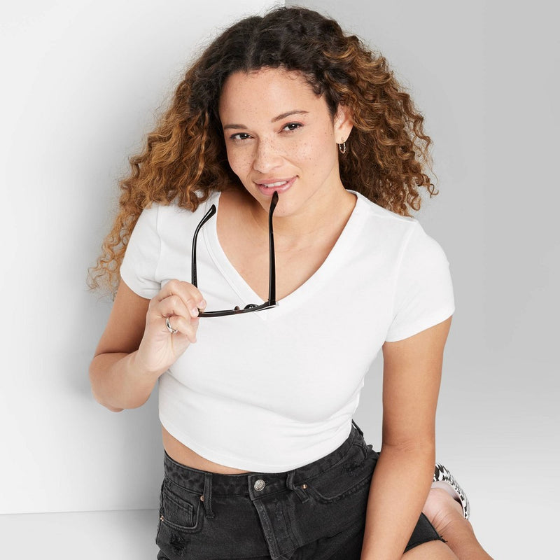 V-Neck Cropped T-Shirt -Wild Fable Off-White XXS