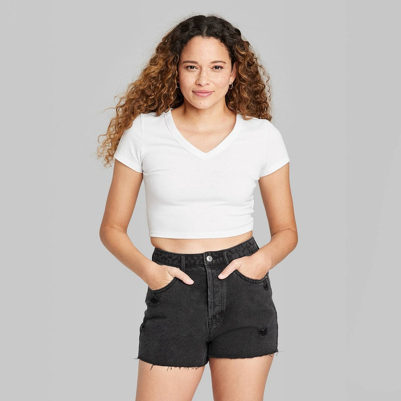 V-Neck Cropped T-Shirt -Wild Fable Off-White XXS