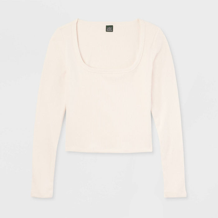 Long Sleeve Square Neck Ribbed Shirt-Off-White S *ADD 3 TO YOUR CART & 1 IS FREE!*