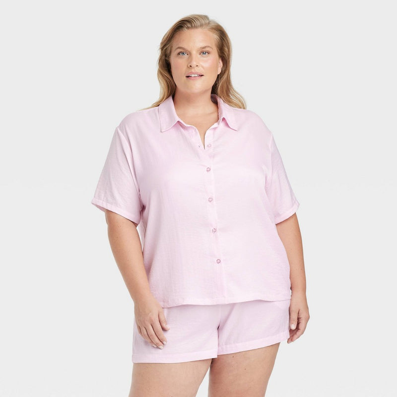 Satin Notch Collar Pajama Set - Auden Pink 4X