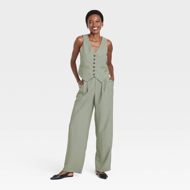 High-Rise Pleat Front Trousers- Olive 2 Long