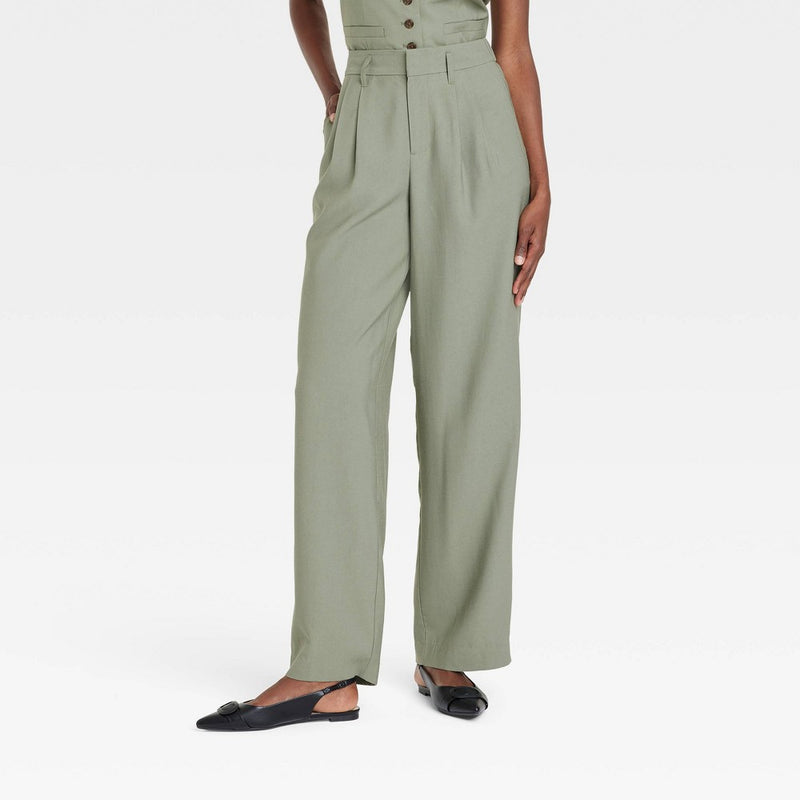 High-Rise Pleat Front Trousers- Olive 2 Long