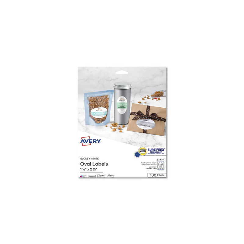 Avery Oval Labels with Sure Feed and Easy Peel, 1.5 x 2.5, Glossy White, 180/Pack
