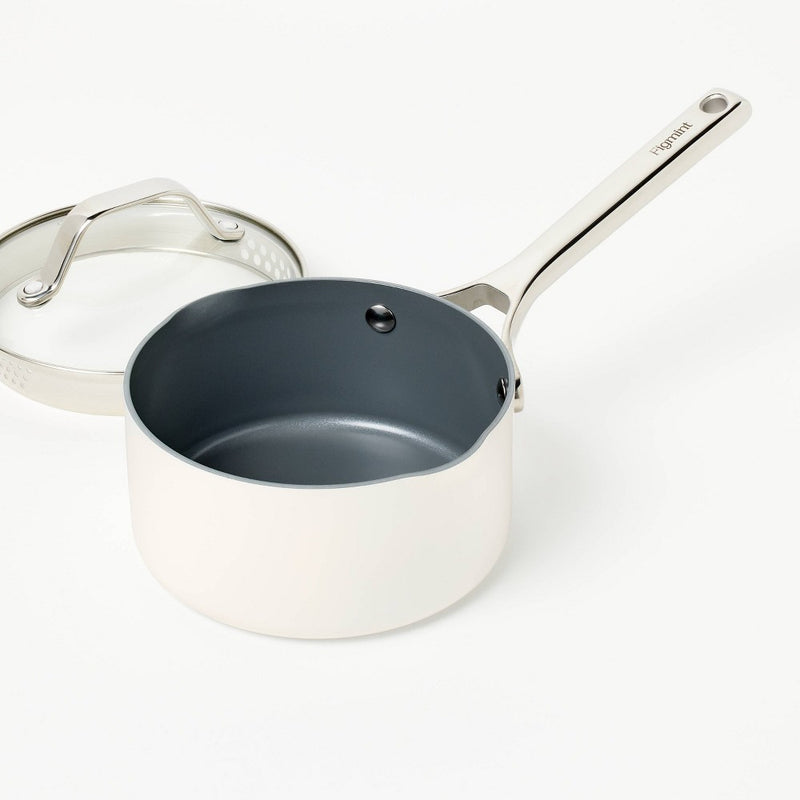1.5qt Nonstick Ceramic Coated Aluminum Sauce Pan Cream - Figmint: Induction Safe, Dishwasher Safe, 1 Year Warranty