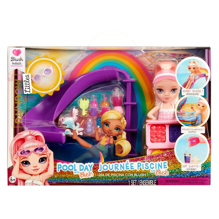 Rainbow High Littles Pool Day Playset + Small Doll, Pool with Rainbow Slide, Accessories and Smoothie Stand