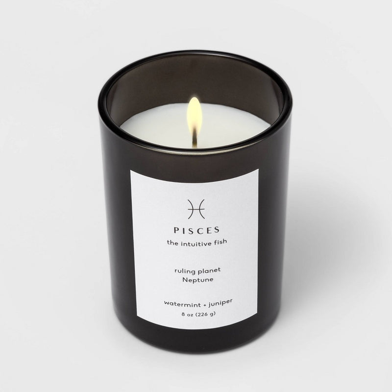 8oz Glass Jar Zodiac Pisces Candle Black - Threshold: Soy & Paraffin Wax, 36hr Burn Time, Juniper Mint Scent