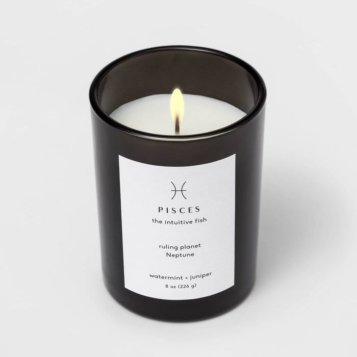 8oz Glass Jar Zodiac Pisces Candle Black - Threshold: Soy & Paraffin Wax, 36hr Burn Time, Juniper Mint Scent