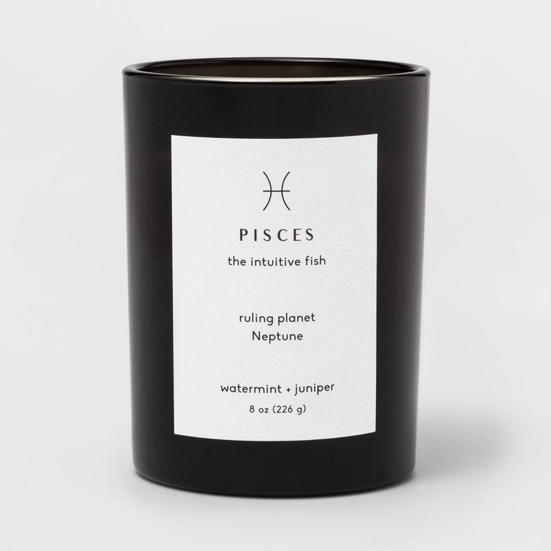 8oz Glass Jar Zodiac Pisces Candle Black - Threshold: Soy & Paraffin Wax, 36hr Burn Time, Juniper Mint Scent