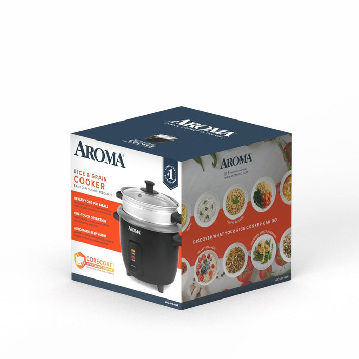 Aroma 6 Cup Rice Cooker with Outer Steam Tray Black: 2 Quart, One-Touch, Nonstick, Automatic Shut-Off, Includes Accessories